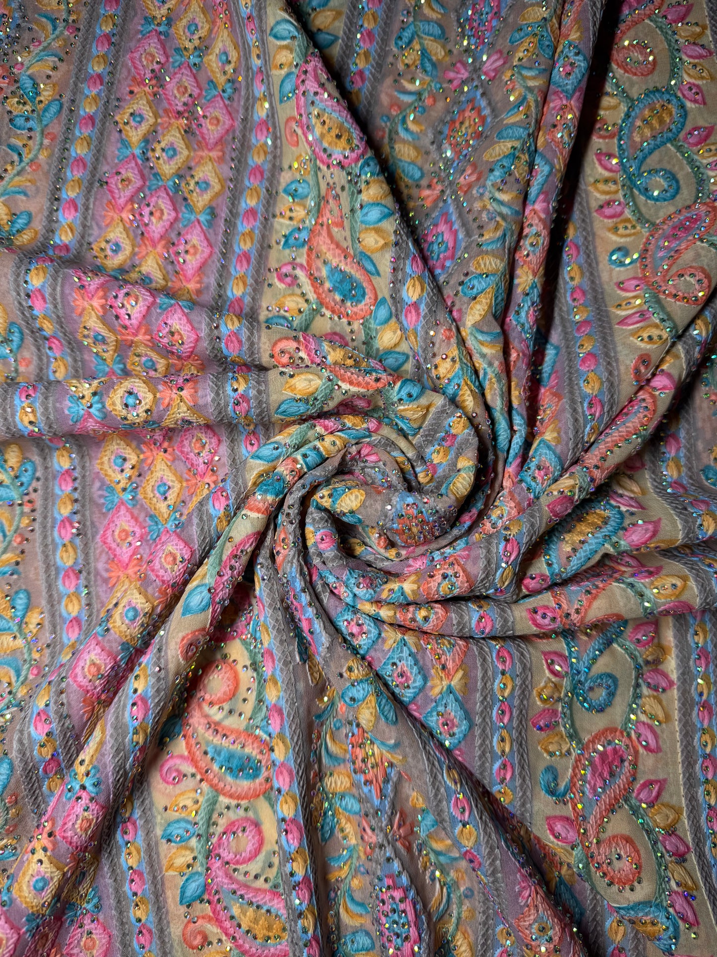 Embroidered Chiffon with Rhinestones - Peach