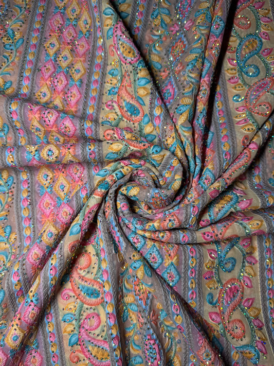 Embroidered Chiffon with Rhinestones - Peach