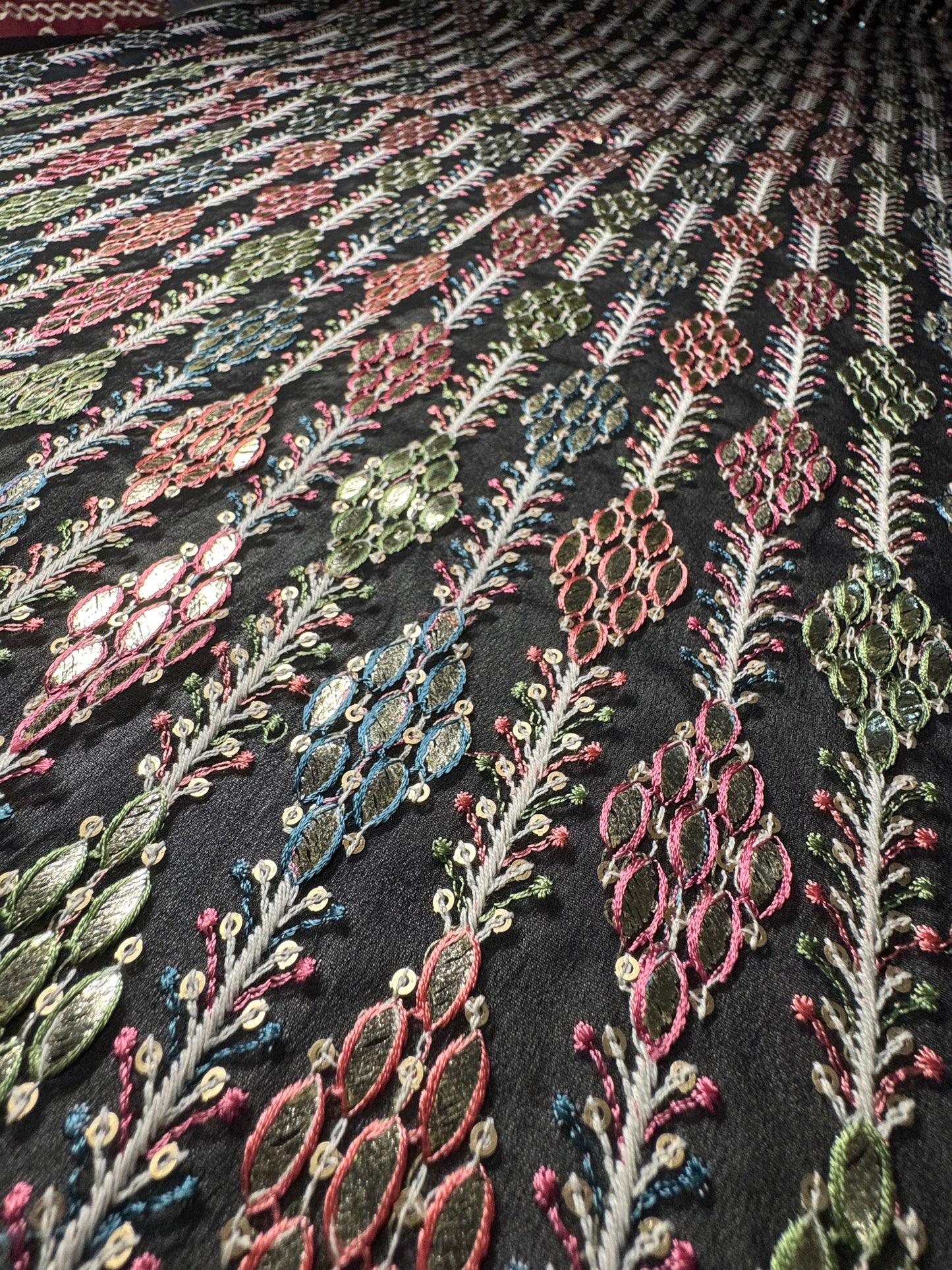 Multicolor Embroidered Black Chiffon