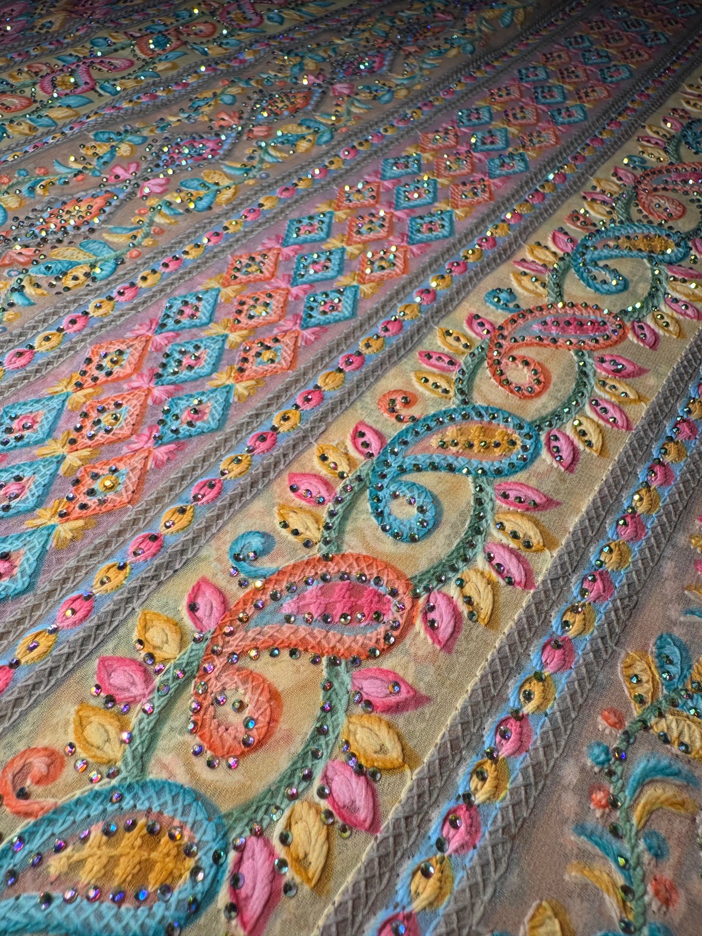 Embroidered Chiffon with Rhinestones - Peach