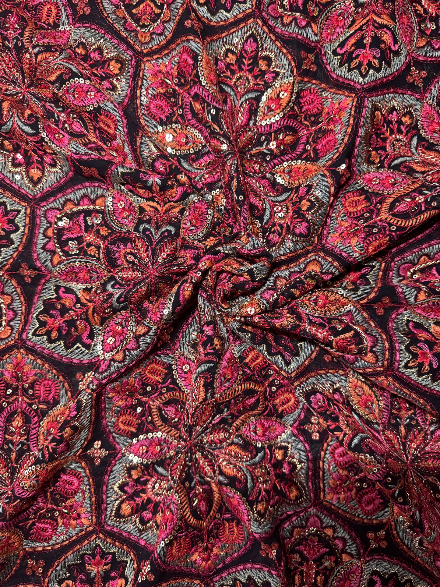 Kashmiri Multicolor Embroidered Black Chiffon With Sequins