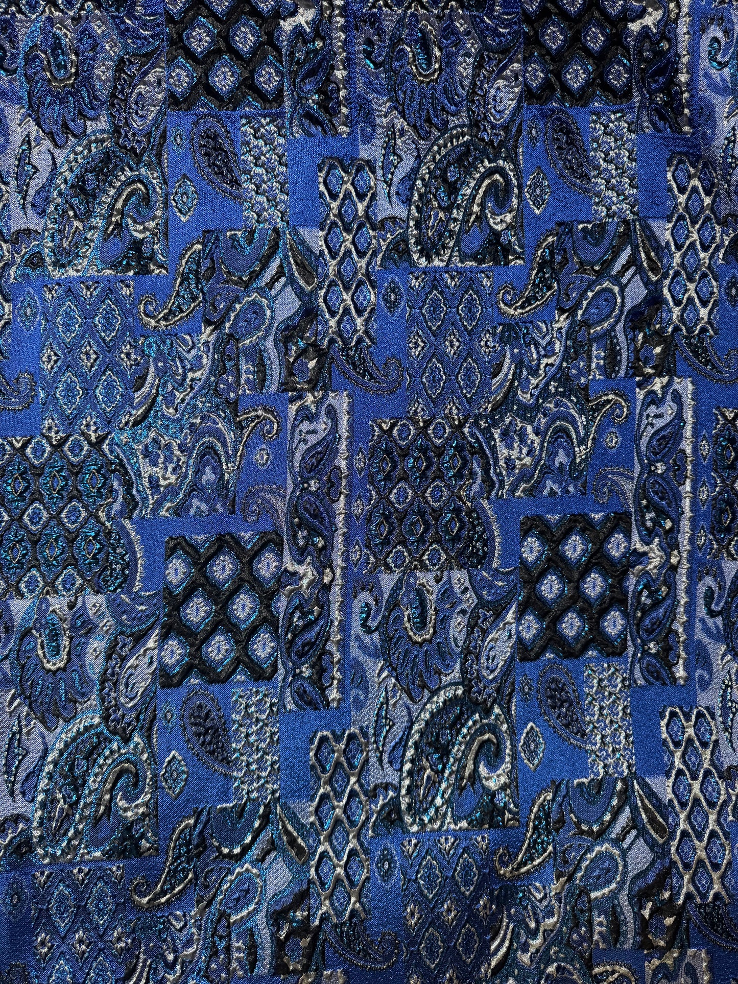 Royal Blue Paisley Pattern Patchwork Effect Metallic Turkish Brocade