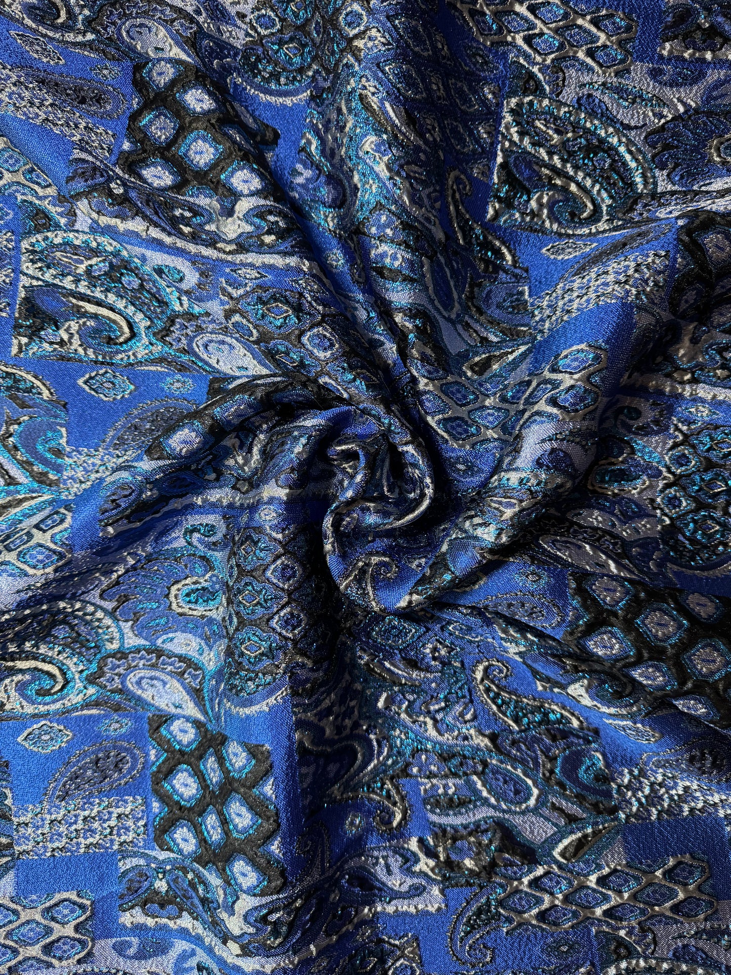 Royal Blue Paisley Pattern Patchwork Effect Metallic Turkish Brocade