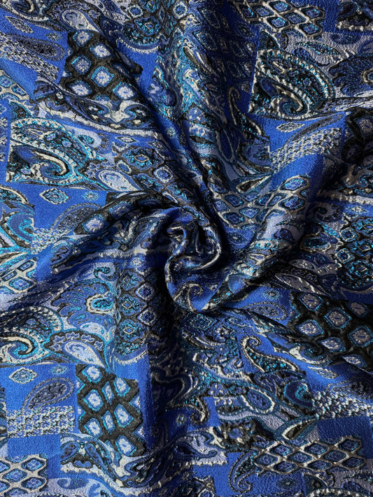 Royal Blue Paisley Pattern Patchwork Effect Metallic Turkish Brocade