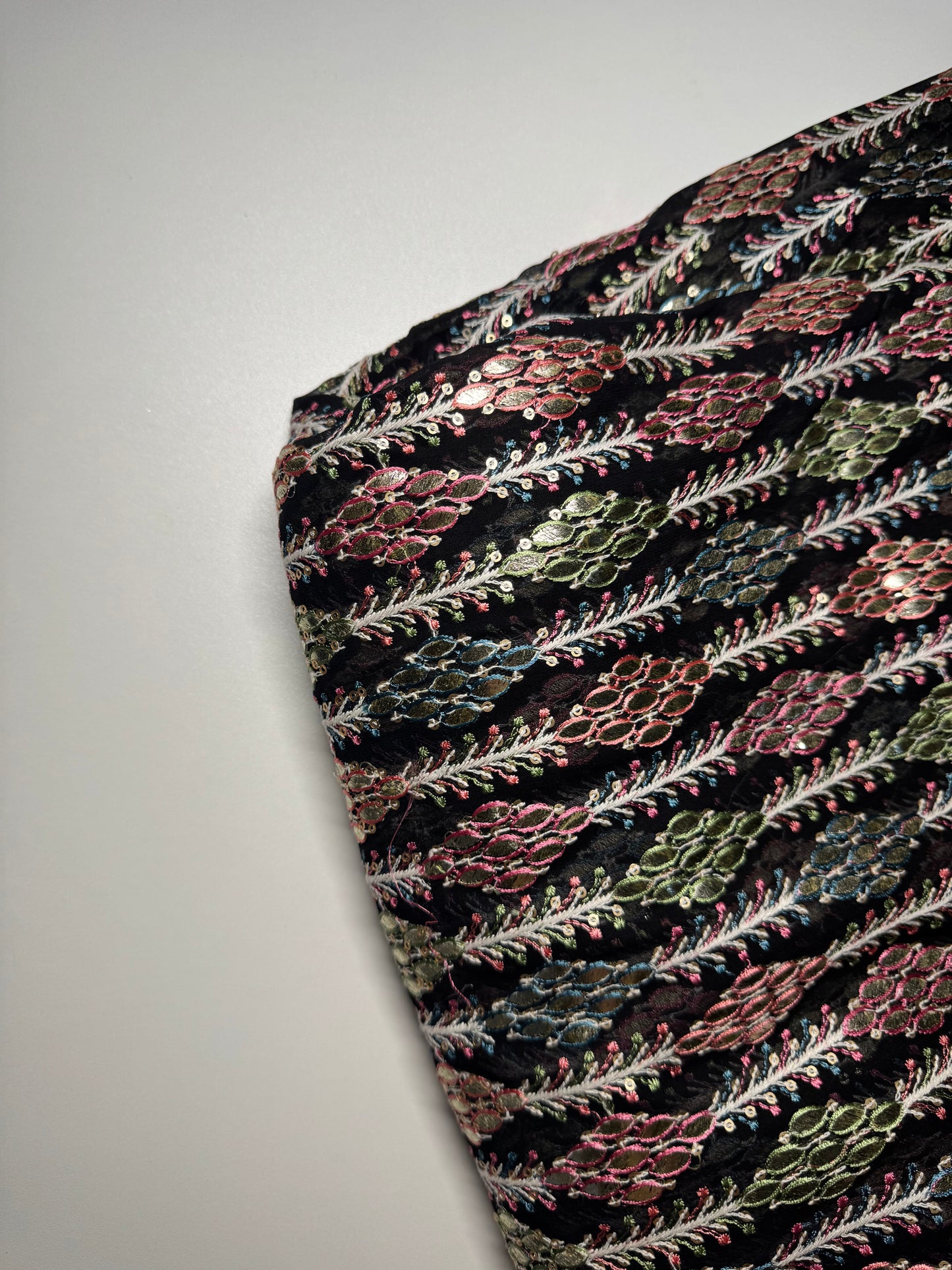 Multicolor Embroidered Black Chiffon