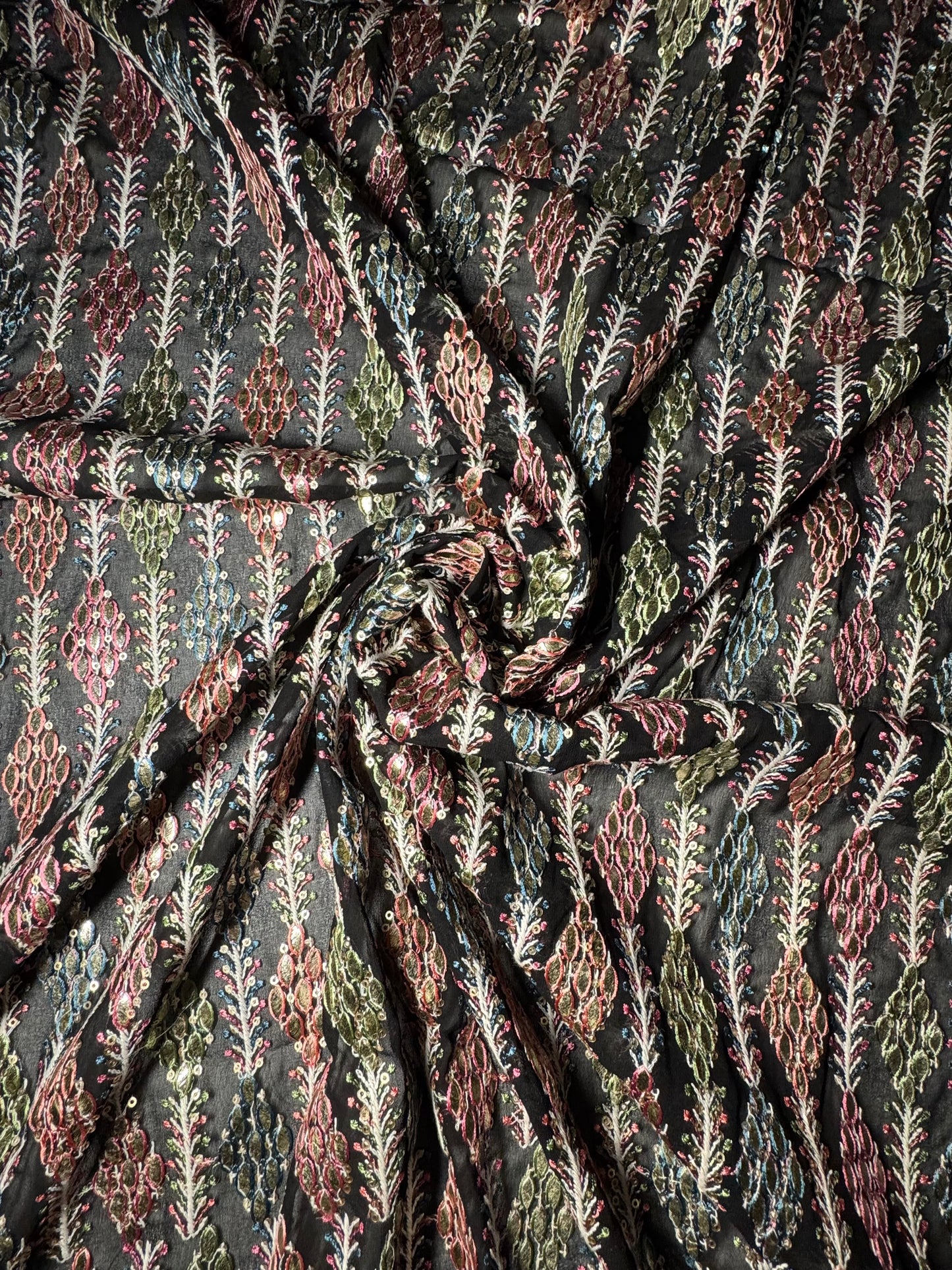 Multicolor Embroidered Black Chiffon