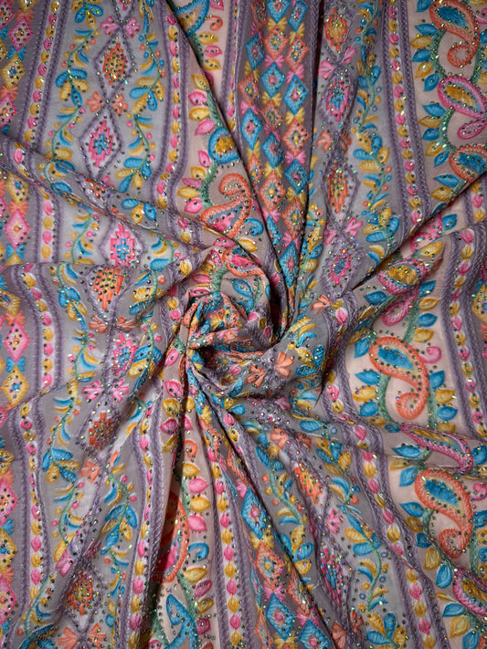 Embroidered Chiffon with Rhinestones - Pink