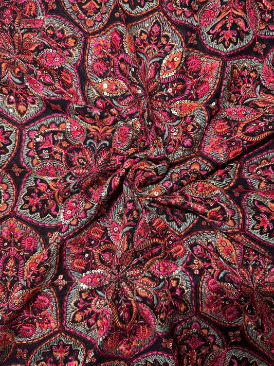 Kashmiri Multicolor Embroidered Black Chiffon With Sequins