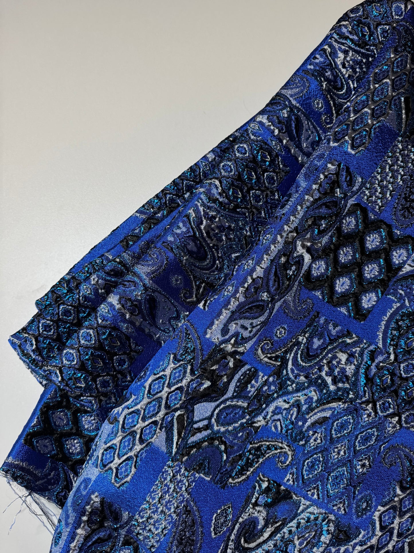 Royal Blue Paisley Pattern Patchwork Effect Metallic Turkish Brocade